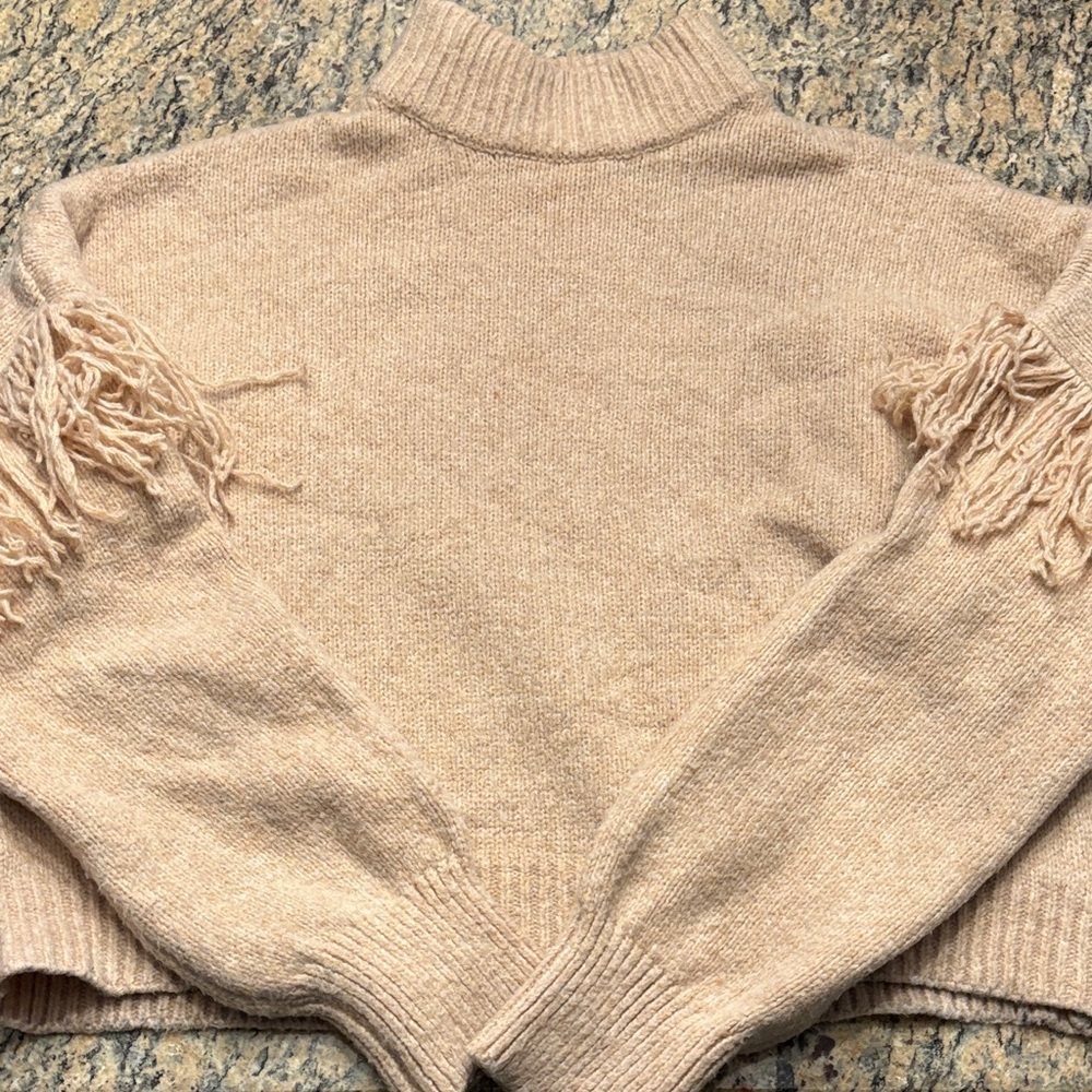 Elegant Beige Fringed Women's Turtleneck Sweater